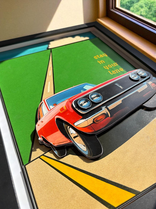 Cartoon-style car on a road with a green landscape and text in a window frame.